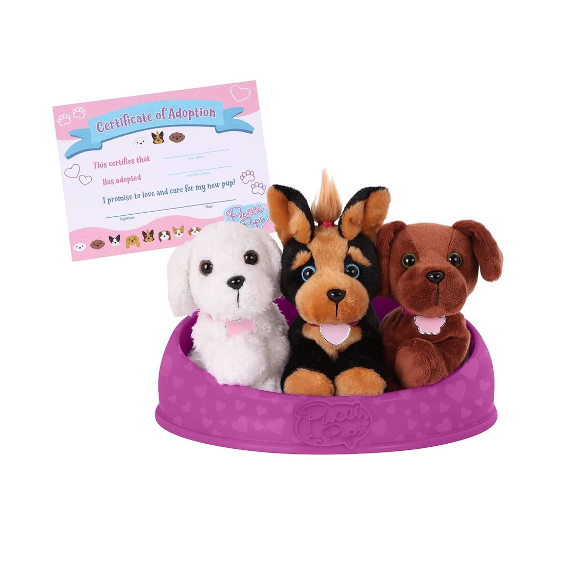 Adopt-A-Pup: Bichon, Yorkie & Chocolate Lab — plush three pups with its carrier bag
