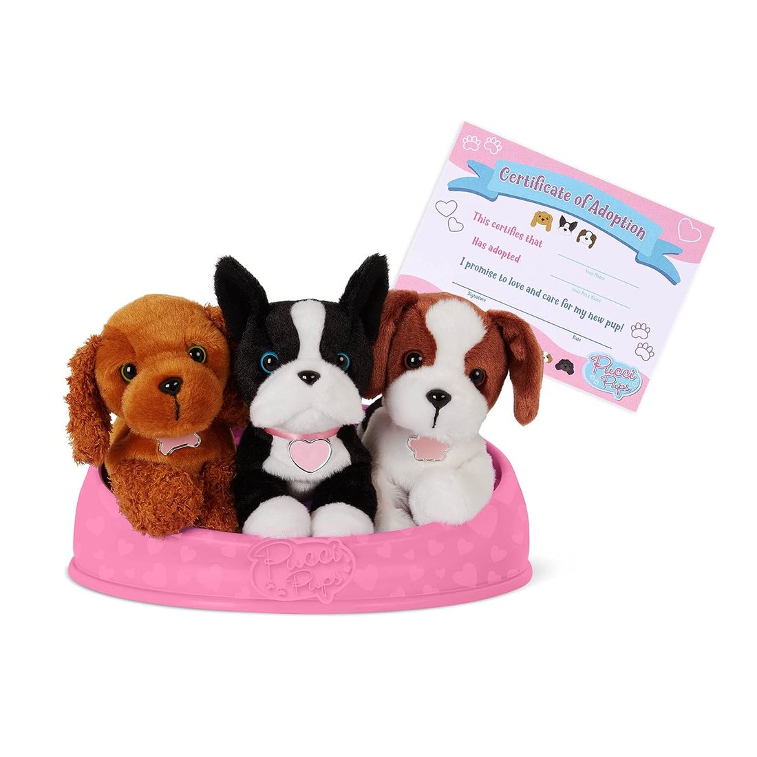 Adopt-A-Pup: Cocker Spaniel, Boston Terrier & Beagle — plush three pups with its carrier bag