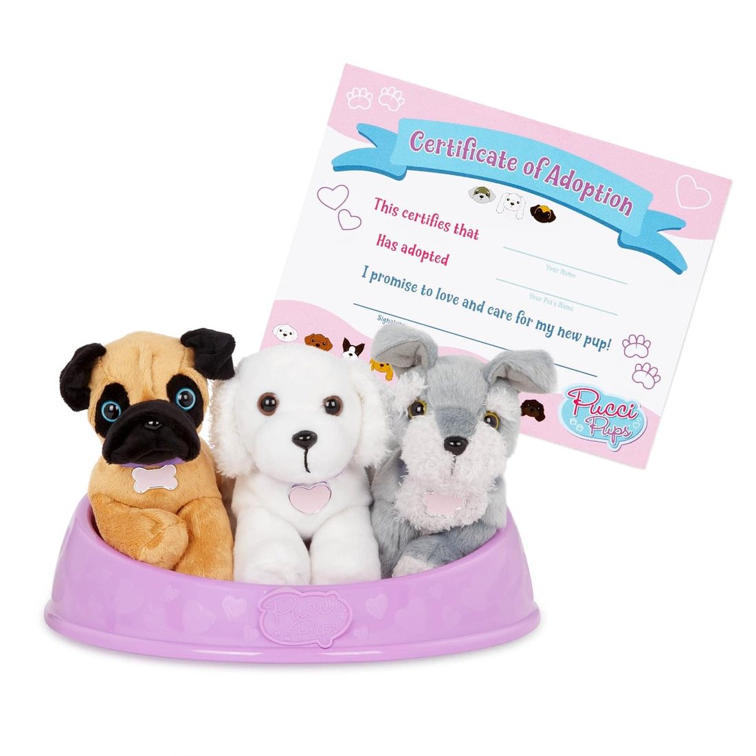 Adopt-A-Pup: Pug, Maltese & Schnauzer — plush three pups with its carrier bag