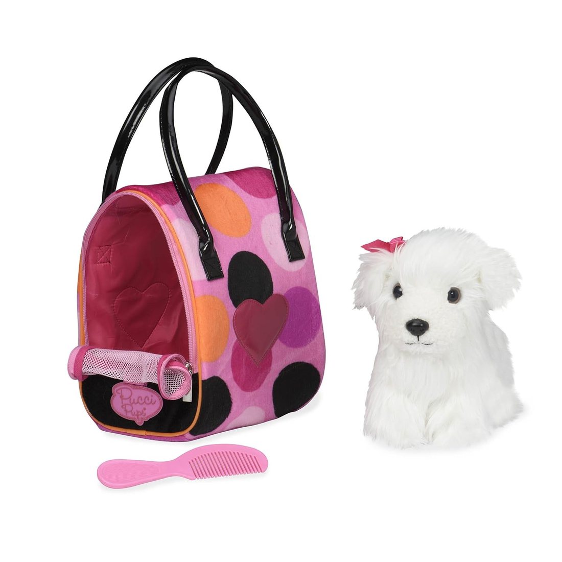 Big Polka Dot Bag & Bichon Frise — plush bichon frise with its carrier bag