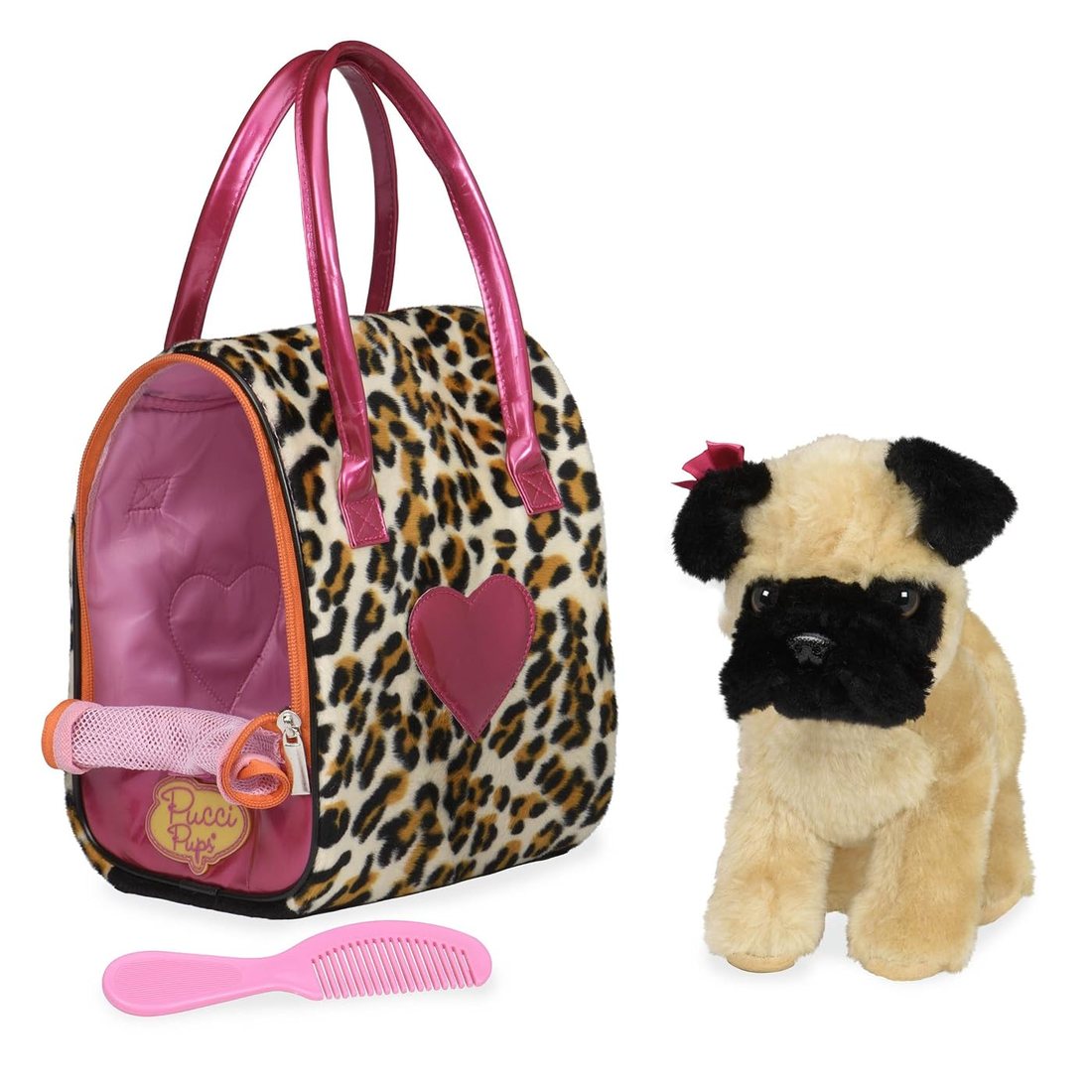 Leopard Print Bag & Pug — plush pug with its carrier bag