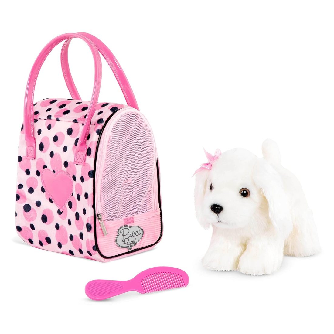 Pink Polka Dot Bag & Maltese — plush maltese with its carrier bag