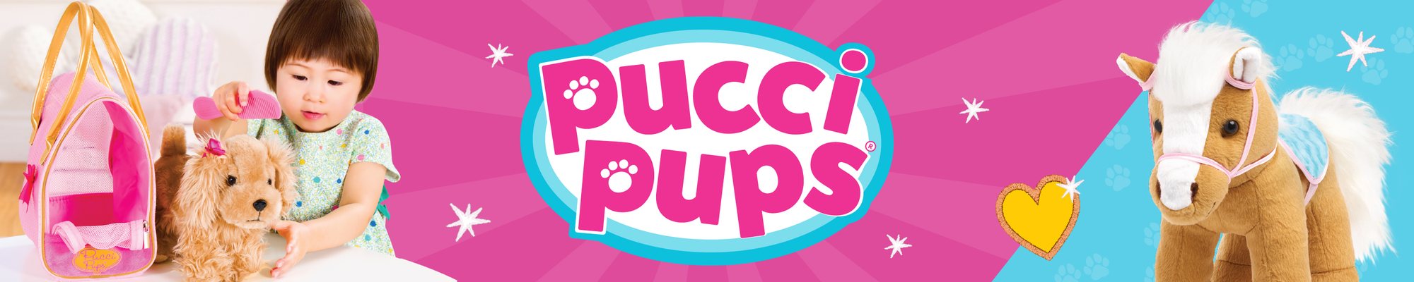 Pucci Pups logo with a child grooming a plush puppy and a plush pony