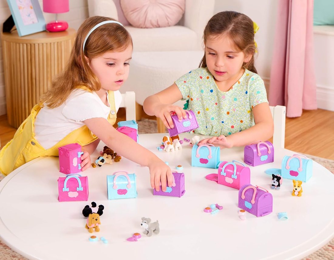 Two girls opening Pucci Pups surprise packs on a table