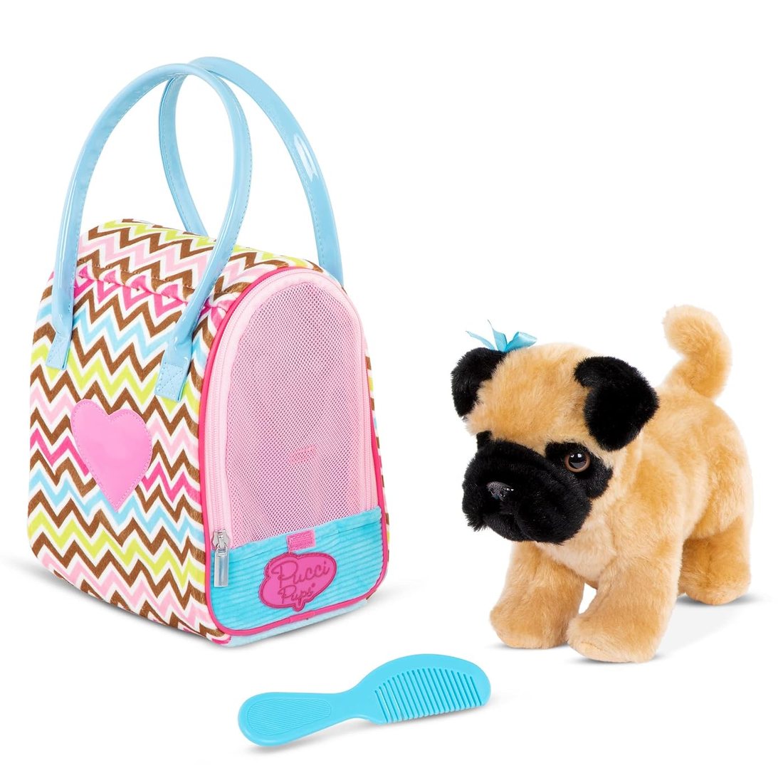 Zigzag Carrier Bag & Pug — plush pug with its carrier bag